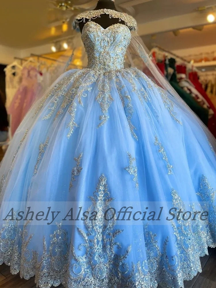 Ashely Alsa Luxury Sky Blue Princess Quinceanera Dresses With Long Cape Ball Birthday Party Dress Sweet 16 Vestido De 15 Anos