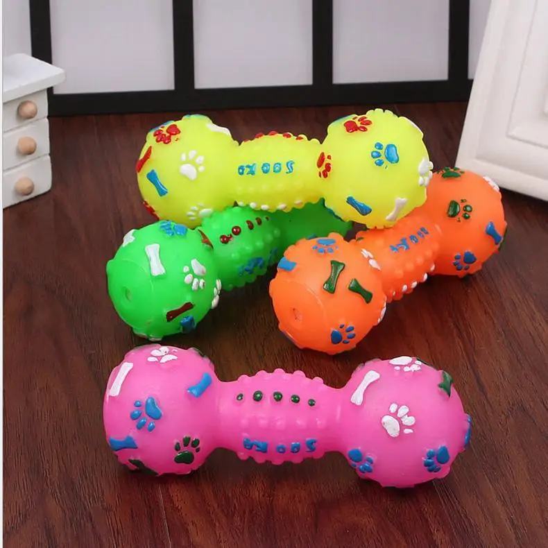 Pet Bite Toys Solid PVC Paw Print Dumbbell  Chew Interactive Squeaker Play Sound Teeth Cleaning Non-toxic Household Animals Dogs