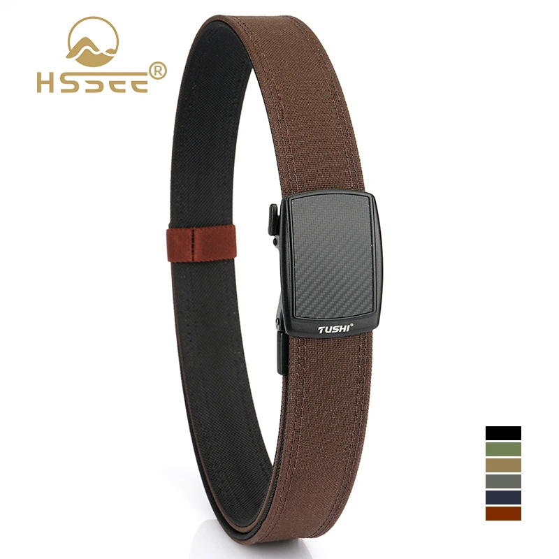 HSSEE Rigid Men's Trousers Belt Sturdy Genuine Nylon 110cm/120cm Military Tactical Belt Alloy Automatic Buckle Brown Casual Belt