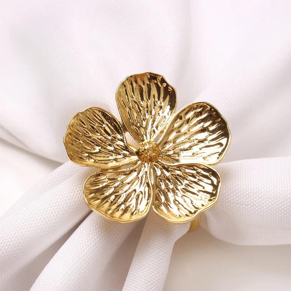 6PCS Napkin Buckle, White Plum Blossom Metal Napkin Rings, Festival Wedding Party Holiday Table Decoration