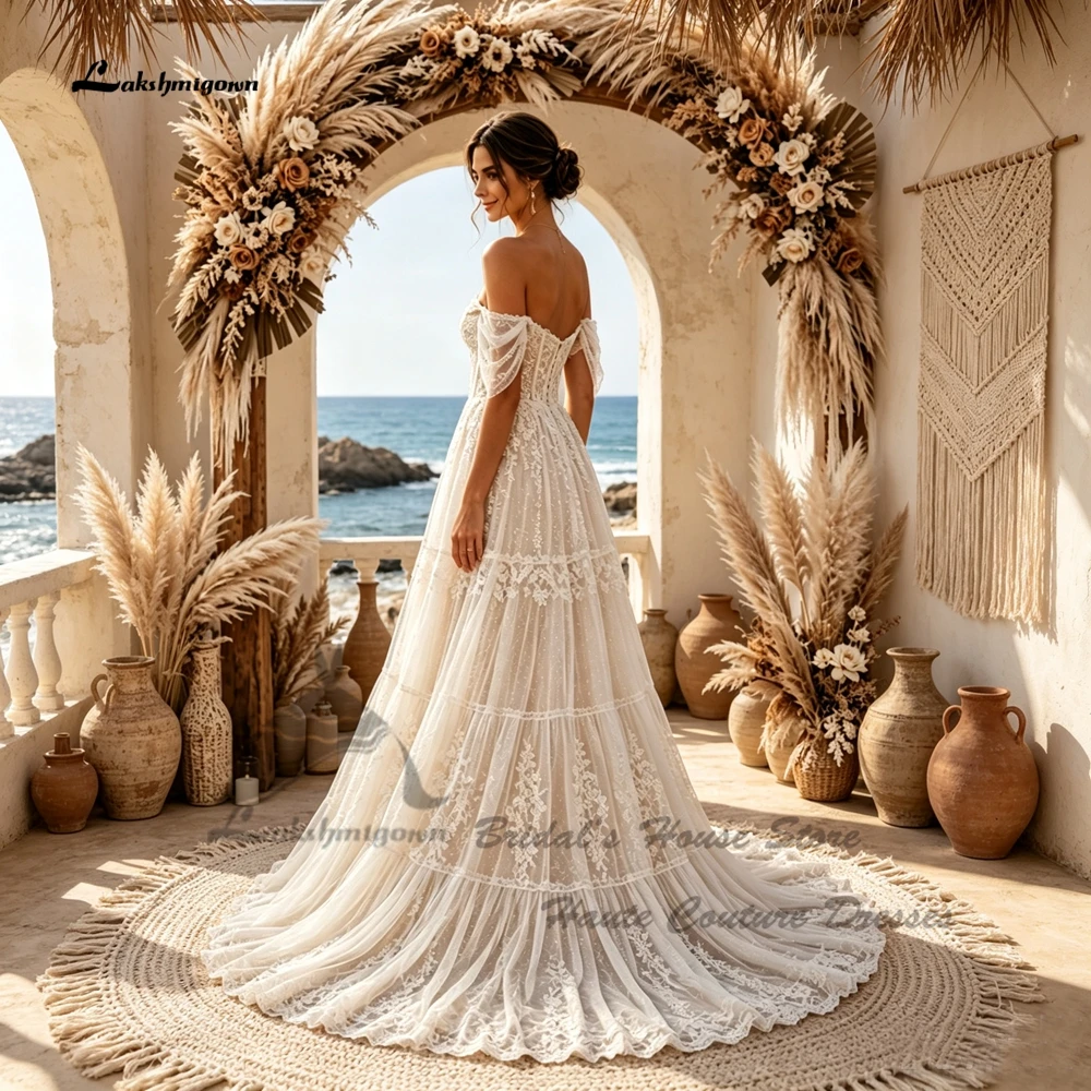 Lakshmigown Zivil Brautkleider aus Spitze im Boho-Stil 2027 Prinzessinnen-Brautkleider aus Tüll für Strandhochzeiten, herzförmiger Ausschnitt, schulterfrei, maßgeschneidert – Detail 6