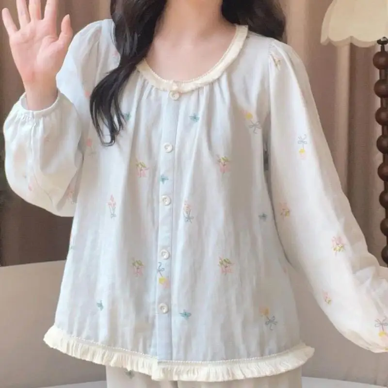Women's Lotus Edge Sleeve Pants Home Clothes Set for Girls Spring Autumn New Style Cardigan Pajama Women's Soft Two Piece Set