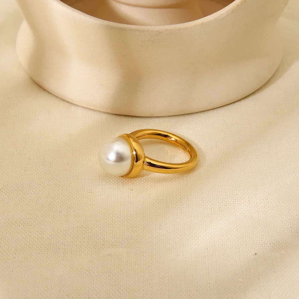 INS Trendy 18K Gold Plated Stainless Steel Simulated Pearls Ring for Women Waterproof Ring Jewelry Gift