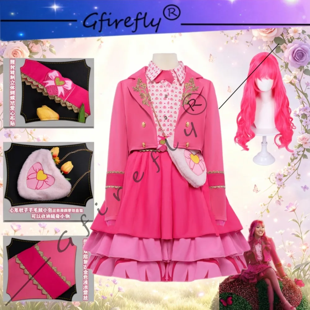 Descendants Princess Pink Cosplay Costume Pink Skirt Outfit Matching Accessories Wig Role‑Play Suit for Halloween Party Stage