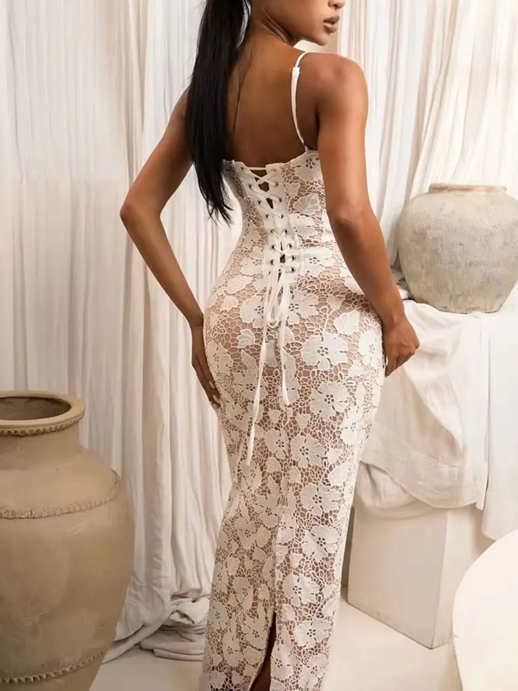 HH 2025 feminino primavera festa sexy suspender midi vestido sem mangas fino ajuste volta fenda renda oco cinta design vestido vintage