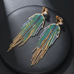 New Exaggerated Rhinestone Tassel Clip Earrings for Women Party Wedding Statement Jewelry Long Non Pierced Earings Gifts
