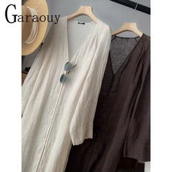 Garaouy Summer Elegant Shirt Boho Holidays Dress Women Fashion Solid Robe V Neck Long Sleeve Sundress Buttons Beach Vestidos