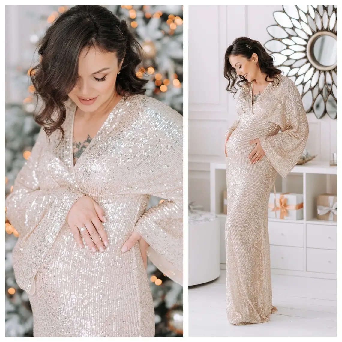 

Charming Shine Sequin Maternity Dress Long Sleeve New Year Dress Evening Gown for Photoshoot or Babyshower Pregnacy Gowns