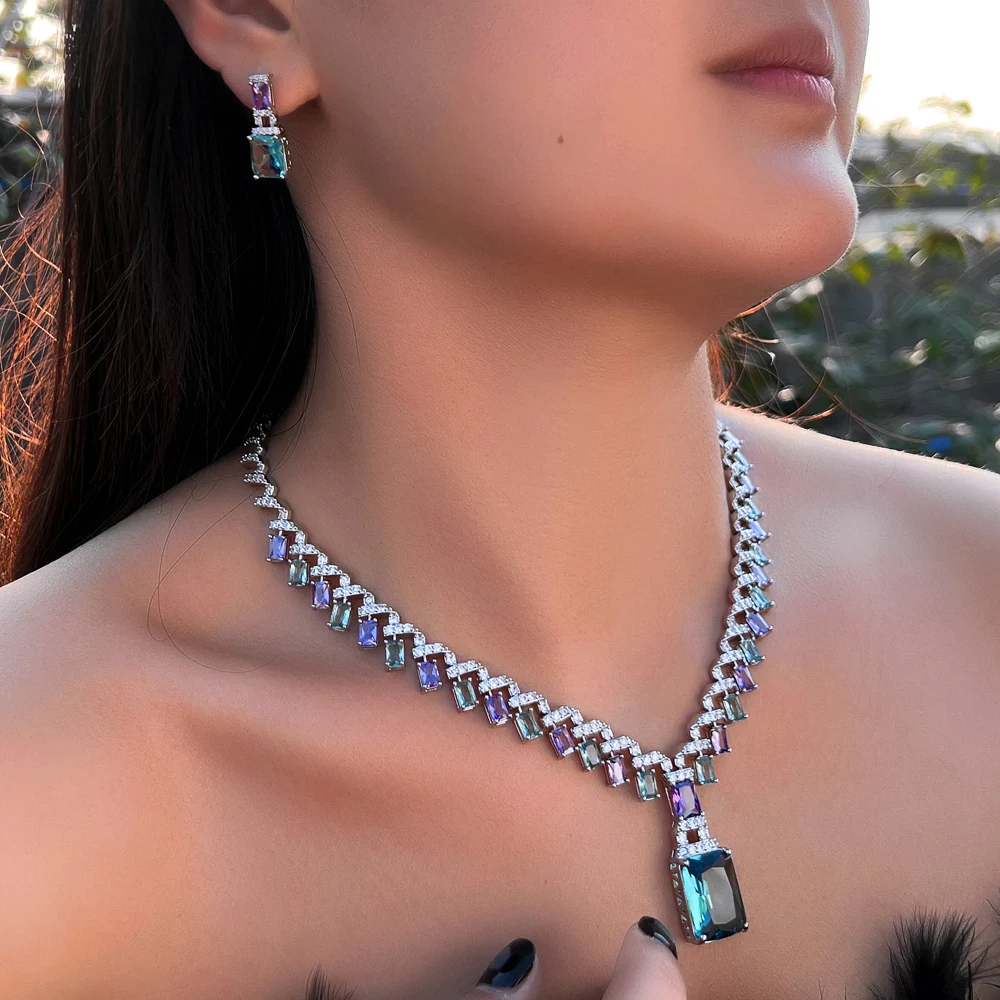 CWWZircons Beautiful Purple Blue Cubic Zircon Crystal Dangle Drop Bridal Wedding Necklace Party Jewelry Sets for Women T605