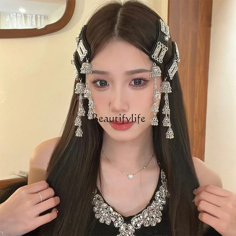 New Chinese style silver antique bell fringed hairpin advanced sense ethnic style bangs side clip