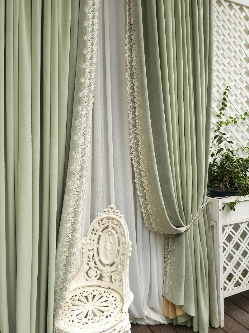 Customized Green Lace Embroidery Velvet Thickened Blackout Curtains For Living Room Bedroom French Window Balcony Villa