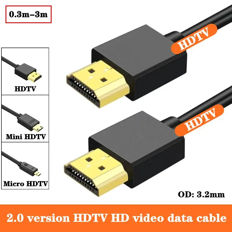 4K 60Hz 2.0 Version Micro/Mini HDMI Compatible Male to HDMI Compatible Male Digital Camera, TV Projector, HD Video Cable OD3.2mm