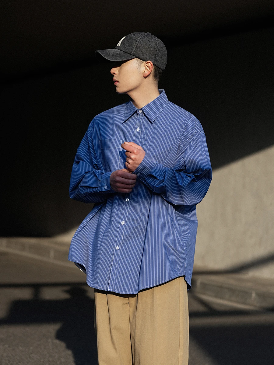 

Noears Oversize Casual irt for Men with ket Striped Loose Fit y Sle Versatile Cotton Polyester Blend Long Sve