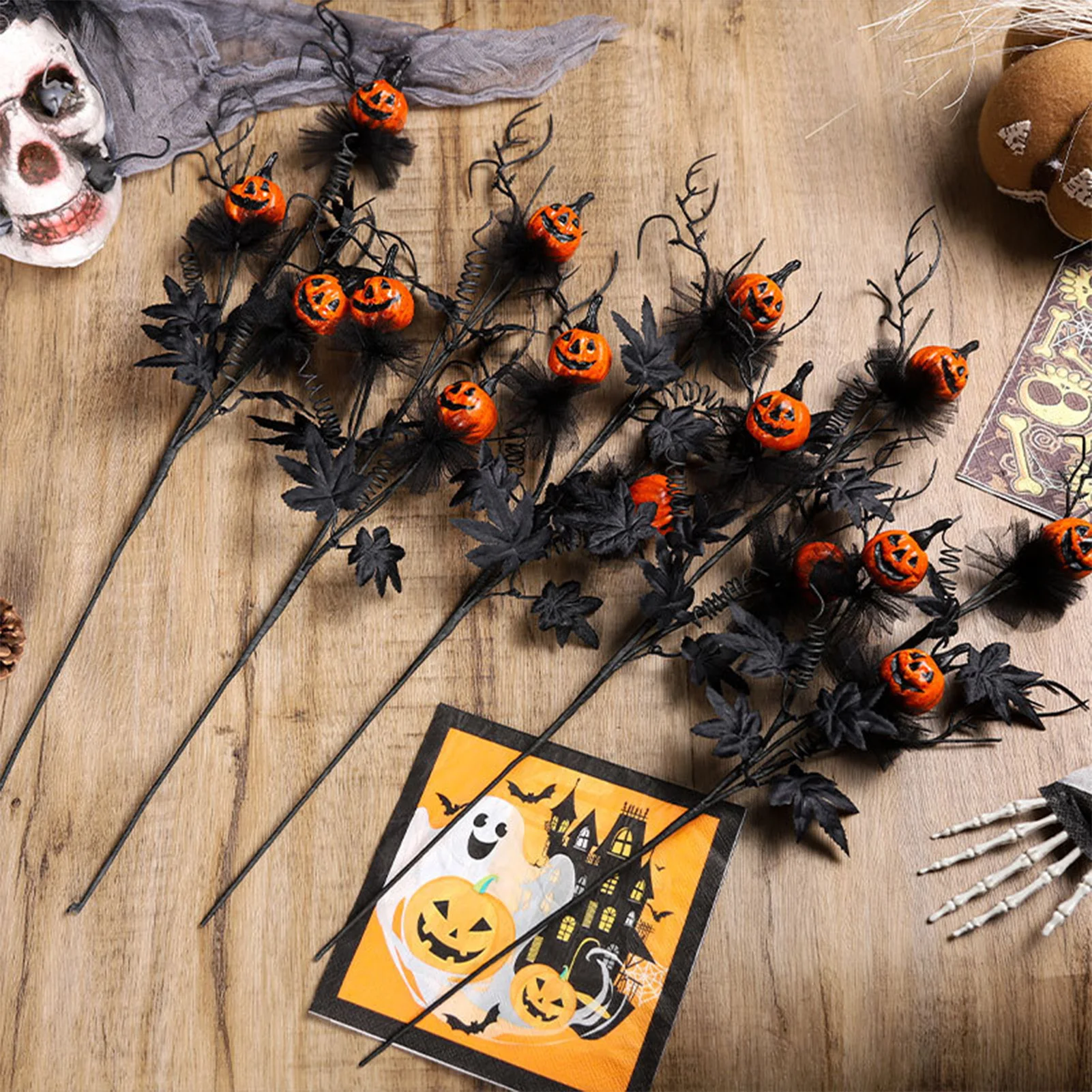 2025 decoración de Halloween flor negra aterradora ramo de cabeza de calabaza para Teapoy mesa de comedor chimenea accesorios de decoración de fiesta en casa