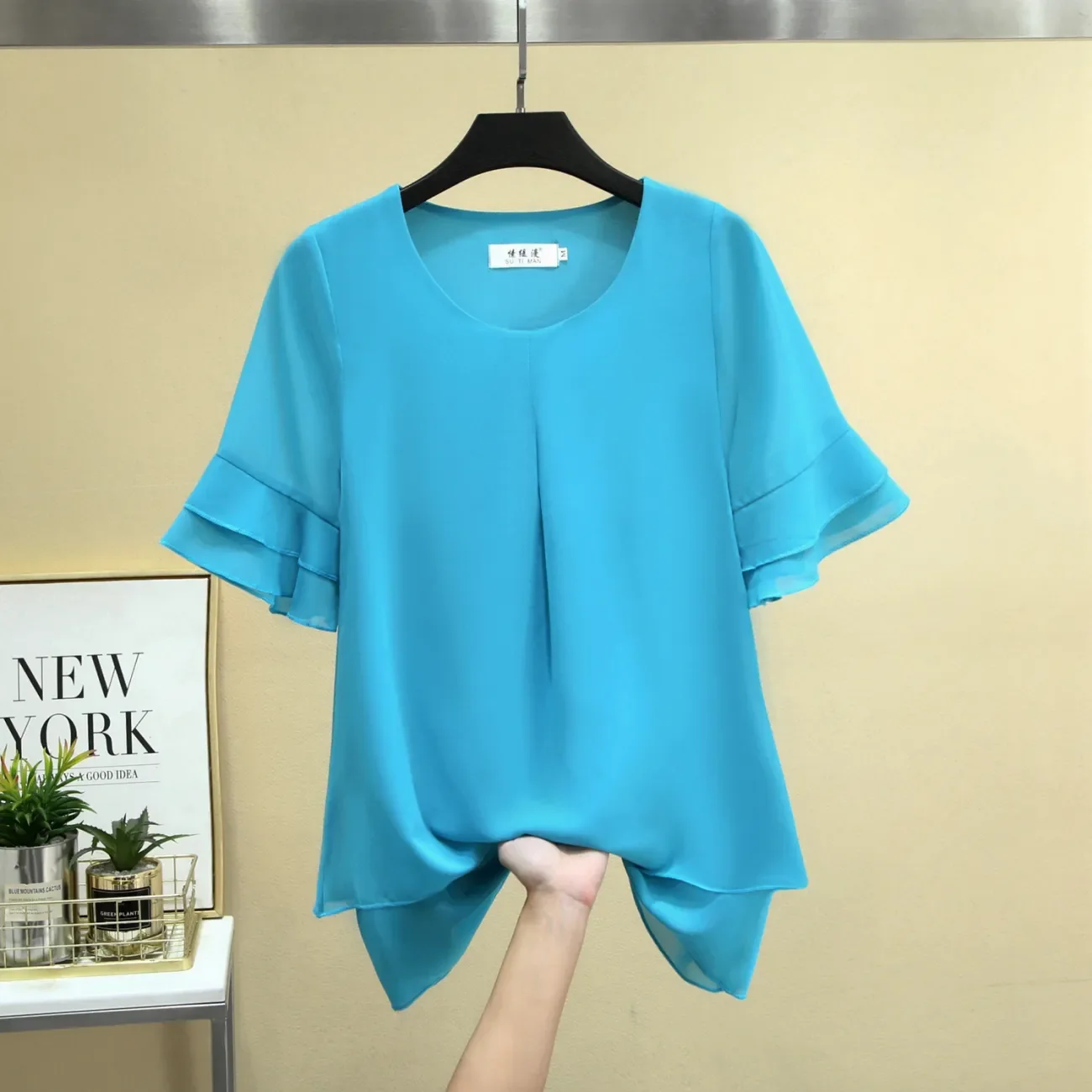 Chemisier fin à manches courtes pour dames, chemise en mousseline de soie, design de niche de style océan, grande taille, printemps, été, nouveau,