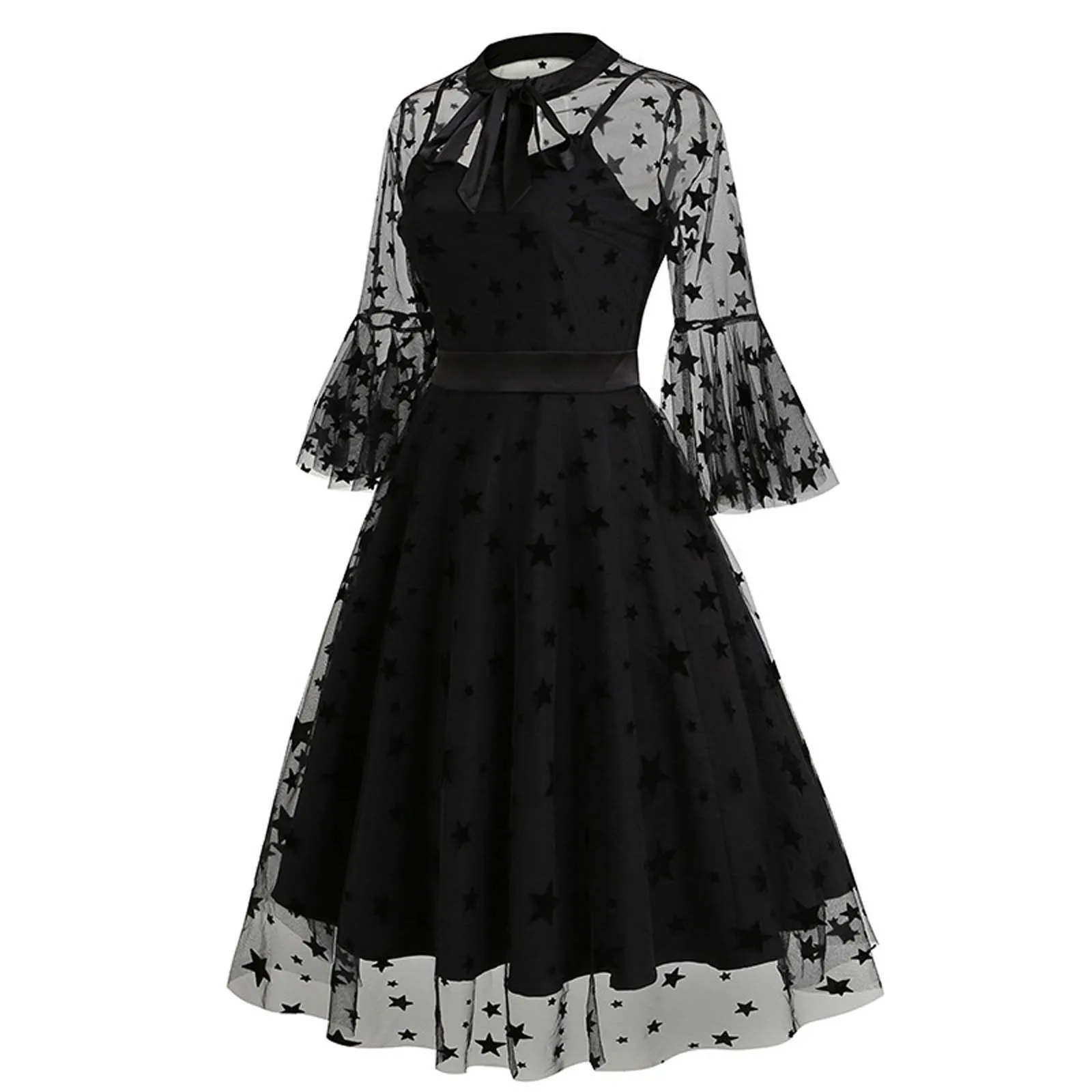 Women's Cocktail Dress Transparent See Though Mesh Long Sleeve Butterfly Embroidery A-Line Ruched Black Dress Formal Party Dress