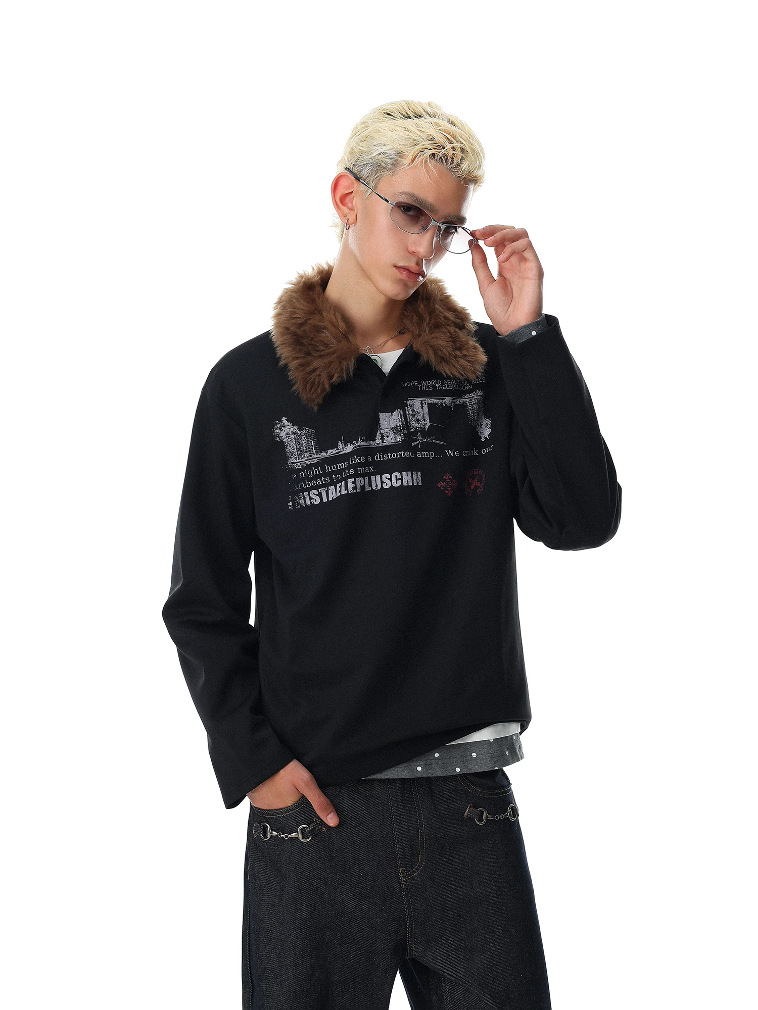 American Retro High Street Style Long Sleeve T-Shirt for Men Black Collar Removable Fur Collar Printed Loose Fit Casual Top
