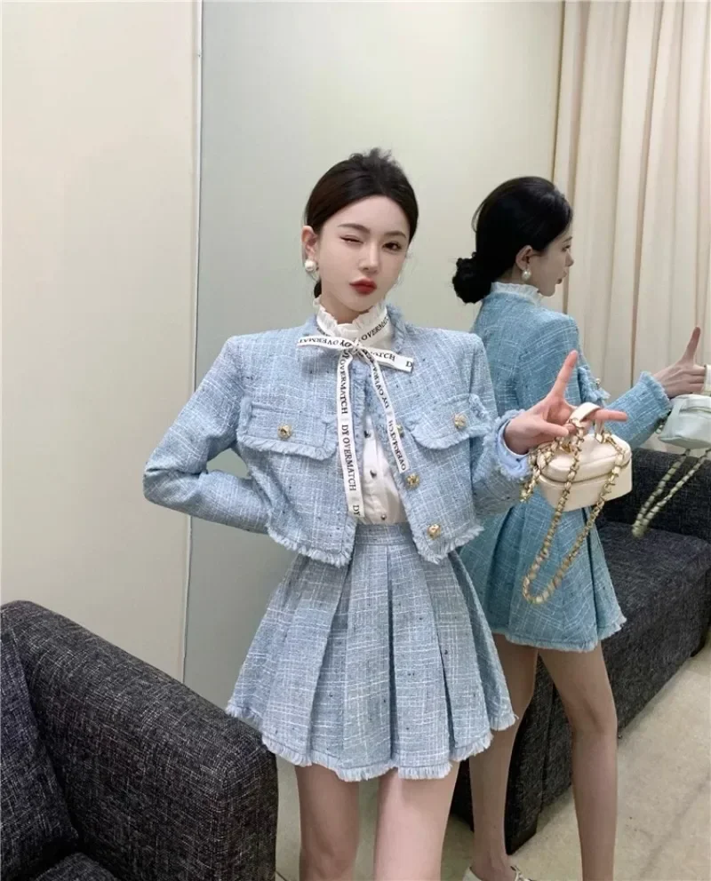 Korean Temperament Tassel Coat Pleated Skirt Two-piece Set Women O-neck Single Breasted Coarse Tweed Celebrity Slim Spring Suit