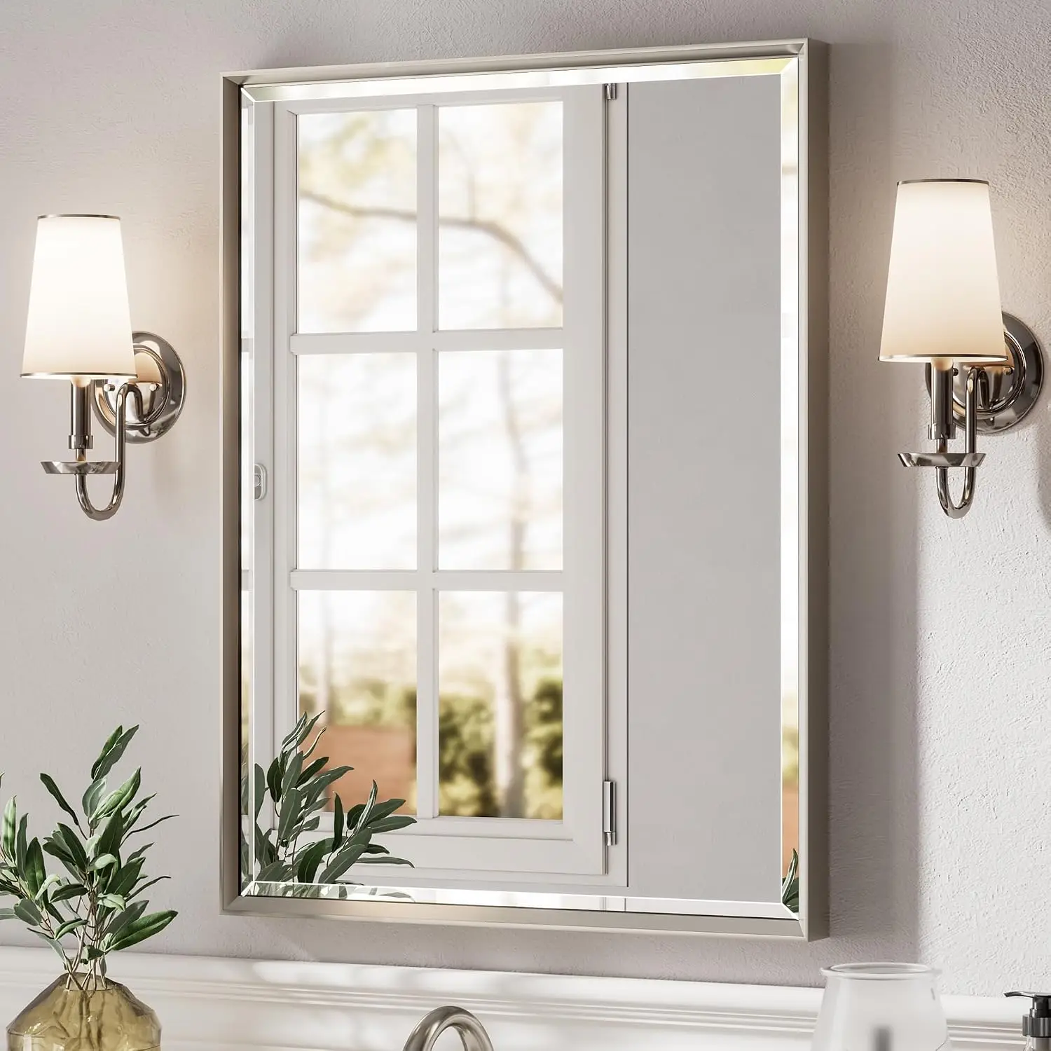 Brushed Nickel Bathroom Mirror 24x32 Inch Beveled Frame Anti Rust Metal Vanity Wall Mount Vertical Horizontal