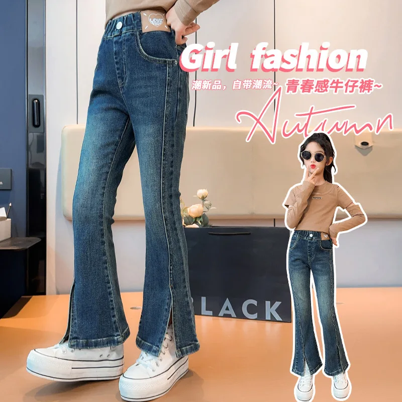 

Girl's Love Flare Pants Autumn New Mid Size Big Boy Fashionable Girl Slim Fit Jeans Wearing Outside Children's Pants