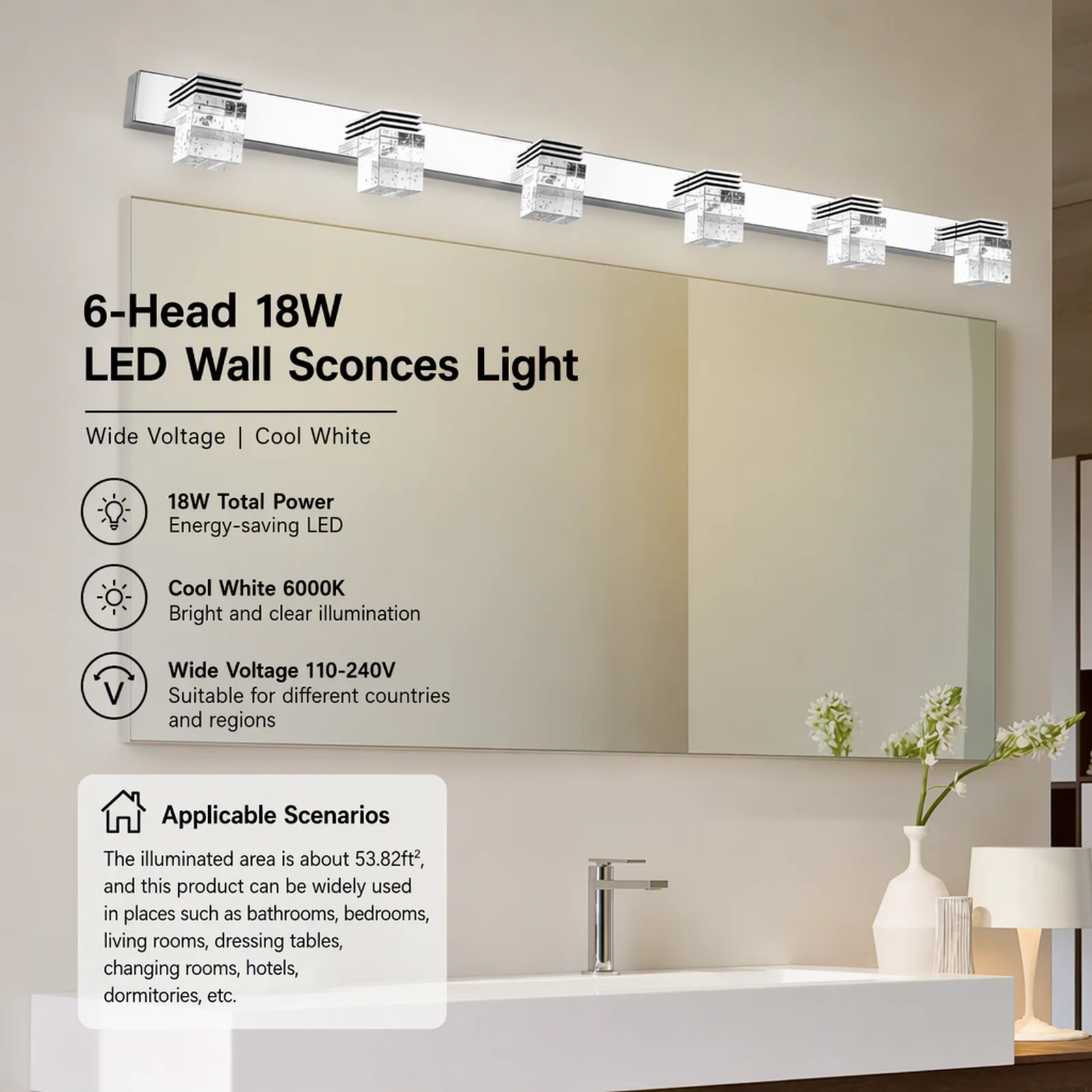 Silver LED Over Mirror Light,6 * LED Lights Modern Bathroom Mirror Light Fixtures, 18W Over Long Mirror Lights