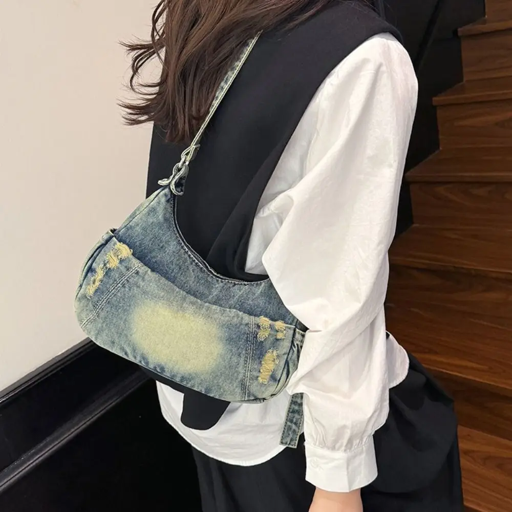 

Fashion Casual Cowboy Dumpling Bag American Style Retro Denim Tote Bag Adjustable Strap Harajuku Casual Underarm Bag Lady