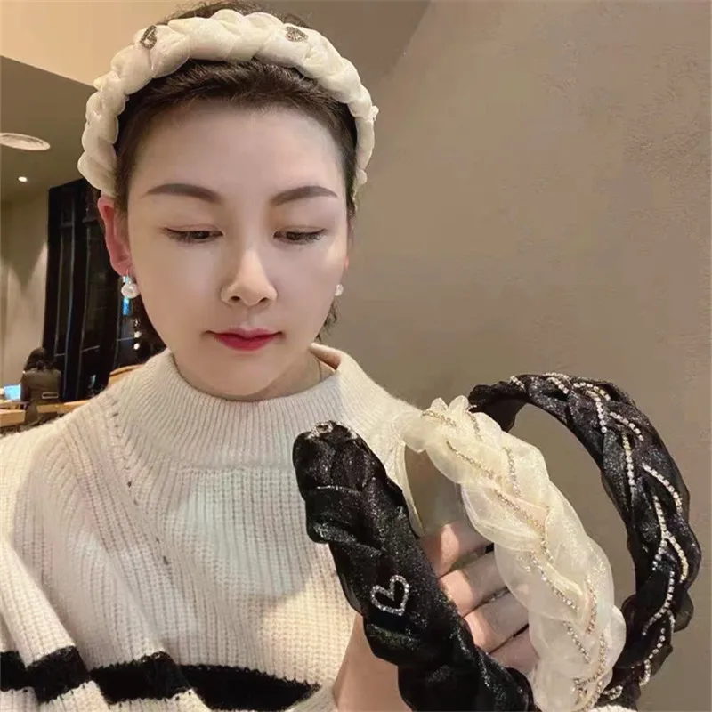 Korean Spring and Summer New Style Lace with Diamond Wide-brimmed Headband, Simple and Versatile Headband, Cross Braid