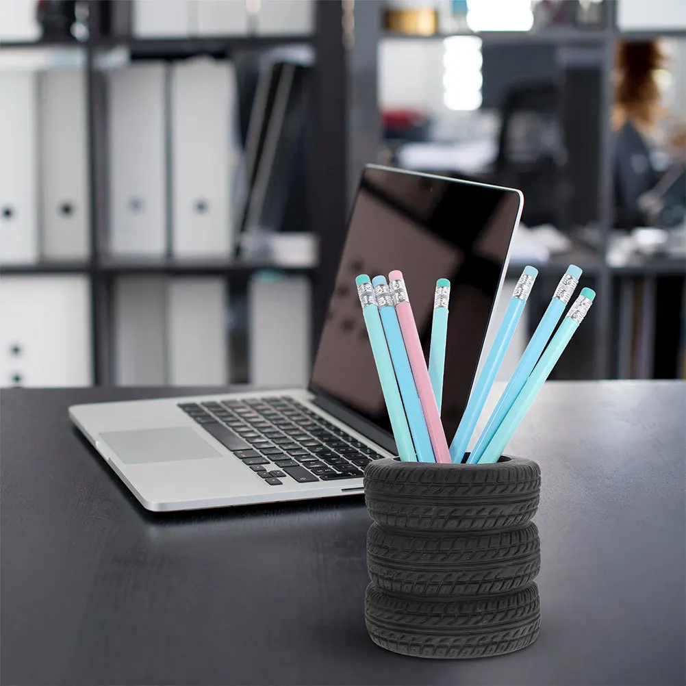 

4pcs Tire Shaped Pen Holder Black Plastic Desk Organizer Pencil Storage Container For Office School Home Stationery Supply