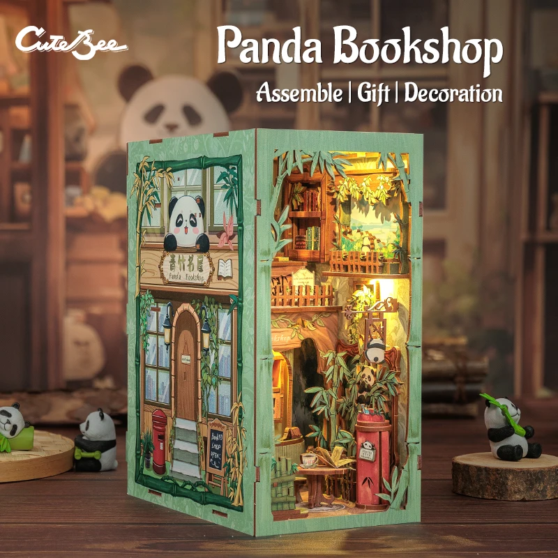 CUTEBEE DIY Book Nook Kit Miniature Dollhouse with Light Dust Cover Bookshelf Insert 3D Puzzle for Birthday Gift Panda Bookshop