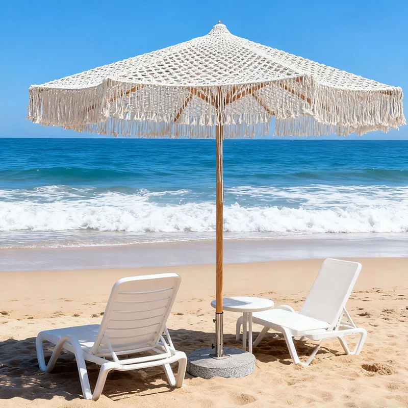 Hand woven fringed parasol B & B courtyard Internet celebrity clock in soft outdoor beach retro sun protection decorative umbrel
