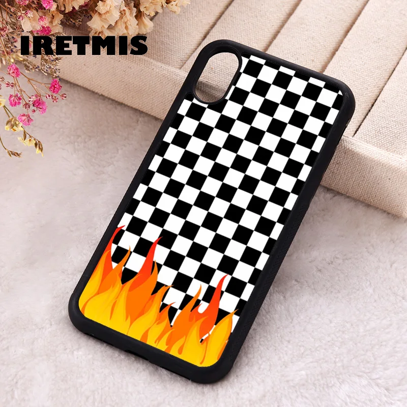 Iretmis Phone Cover Cases For iPhone X XS Max XR 11 12 13 PRO MINI 14 15 16 Plus Rubber Silicone Checkeredboard FIRE FLAME