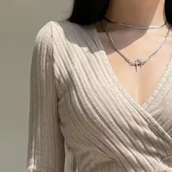 

Women's Top New Style Fashion Female Daily Clothing Autumn/winter Sexy Deep V-Neck Long Sleeve Woolen T-Shirt for Women