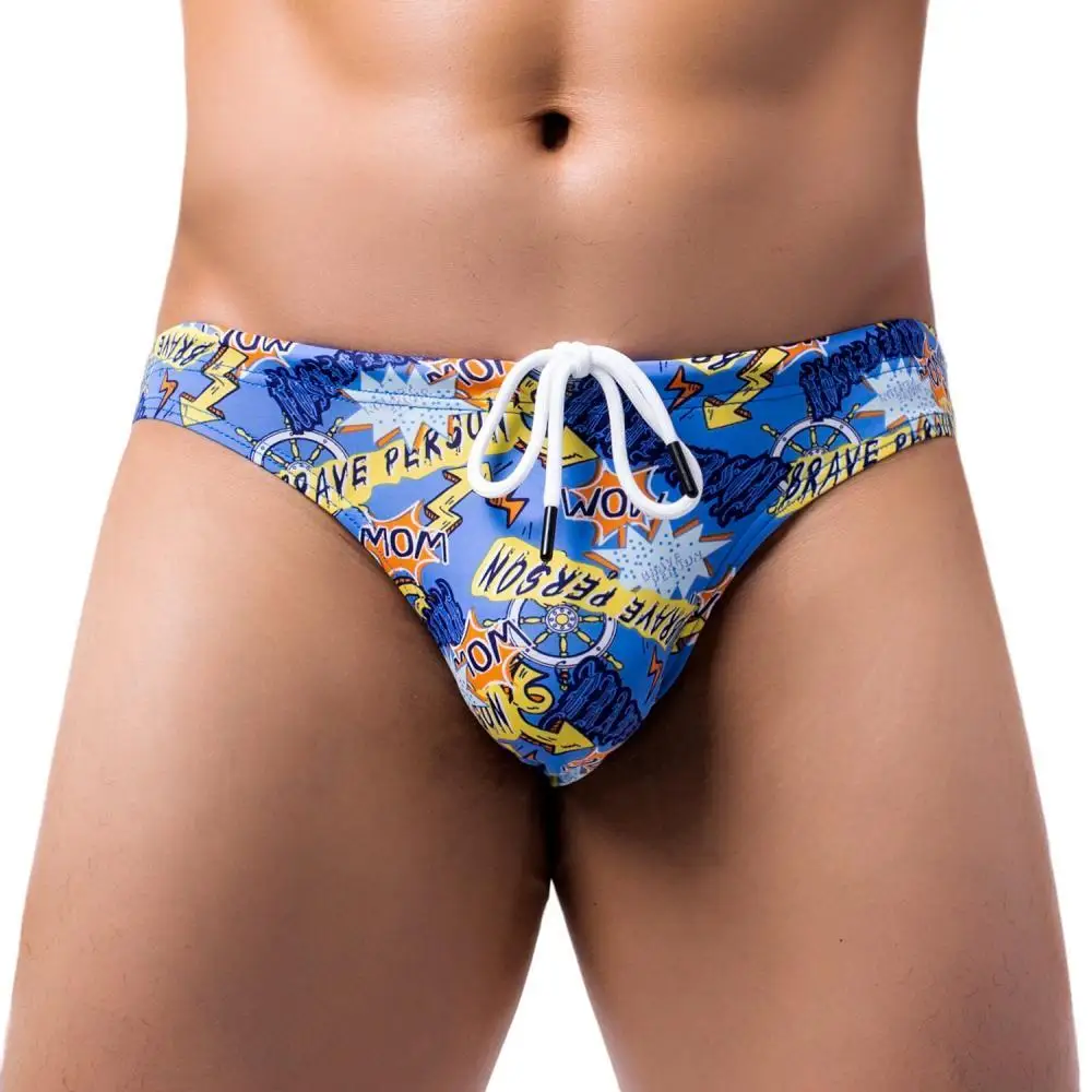 BRAVE PERSON Men\'s Bikini Briefs Fashion Print Nylon Underwear Low Waist Sexy Men Swimming Briefs Board Shorts