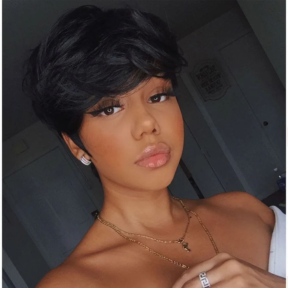 Krótkie, proste peruki z ludzkich włosów, fryzura pixie, brazylijskie włosy, 100% ludzkie włosy, peruki z grzywką, wykonane maszynowo, wstępnie wyregulowane, gotowe do założenia.