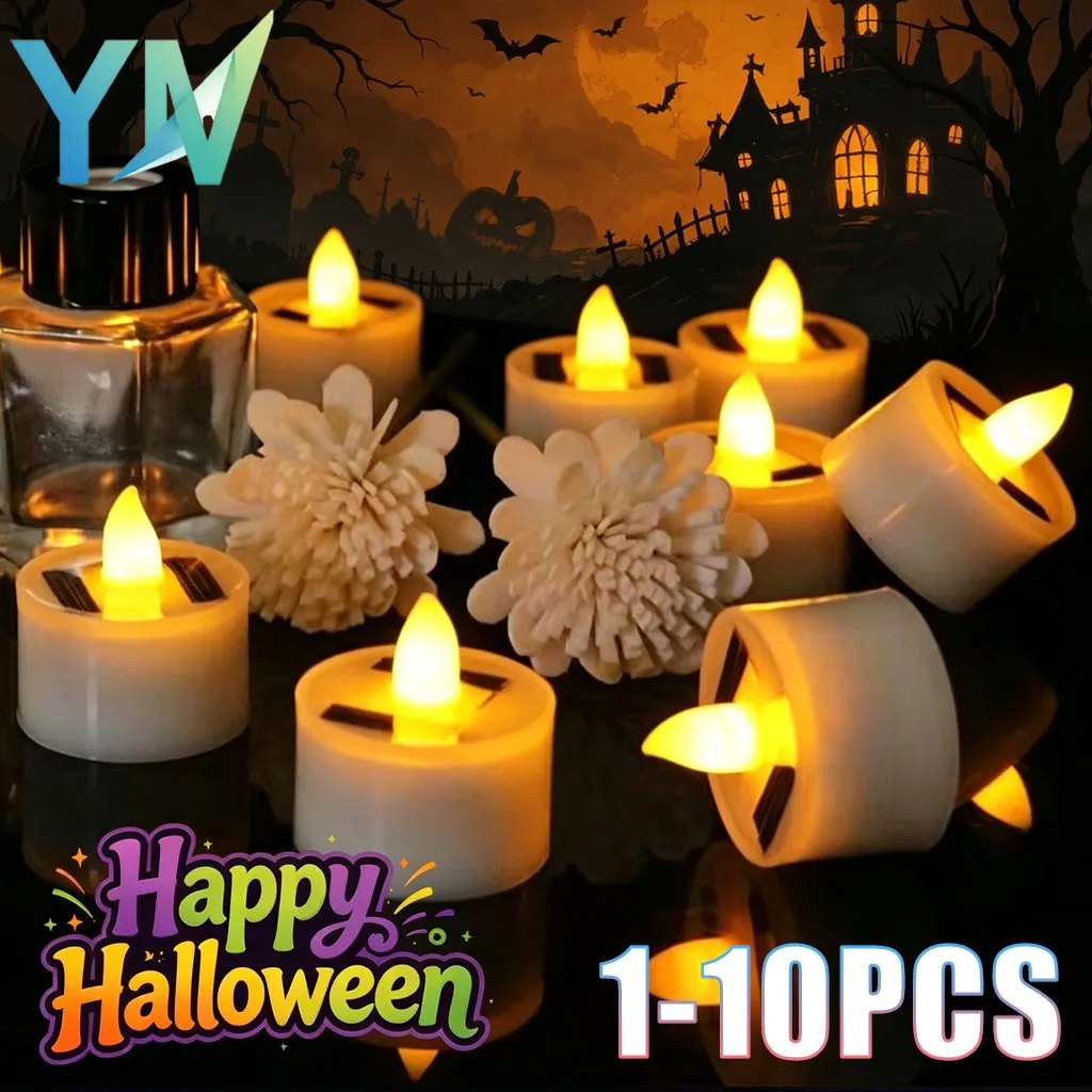 1-10PCS Solar Flameless LED Tea Candle Simulation Realistic Flicker for Outdoor Garden Christmas Halloween Party Decor