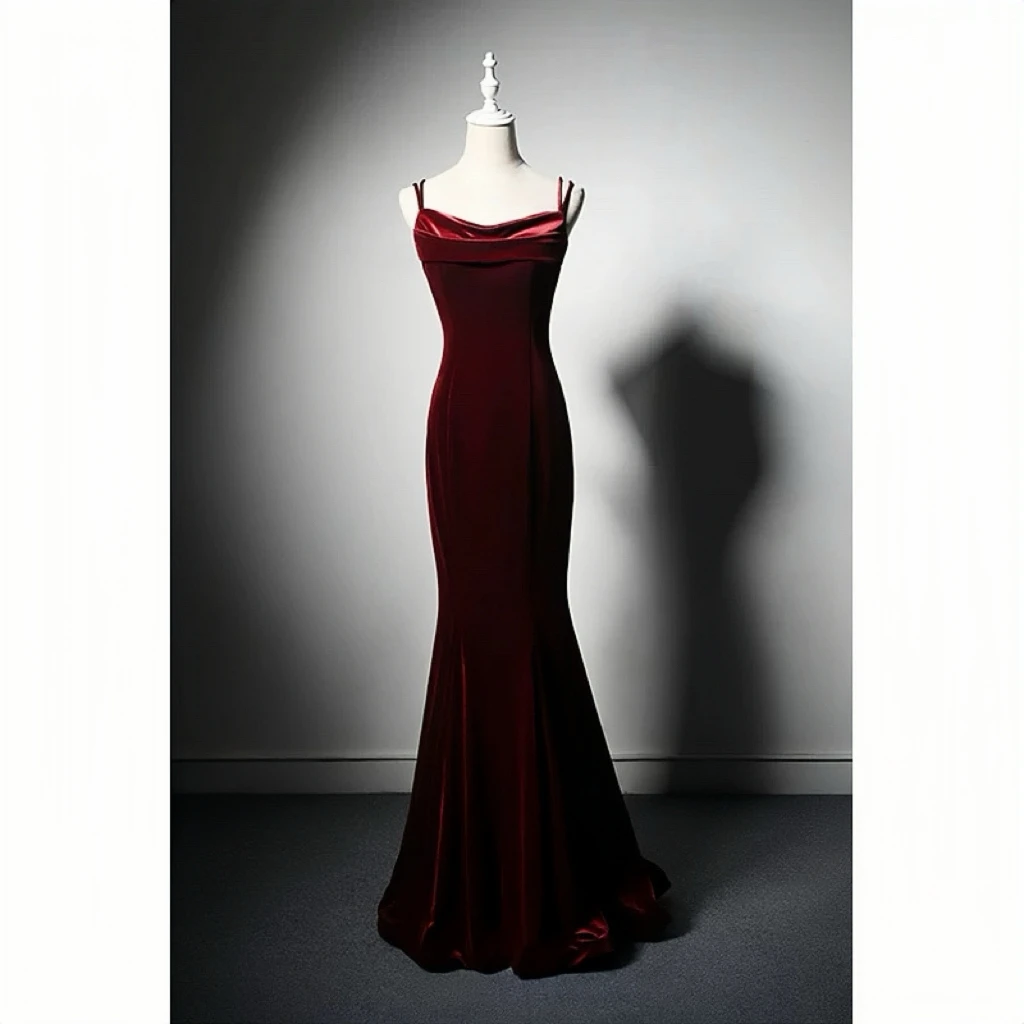 

Burgundy Velvet Evening Dresses Mermaid Spaghetti Strap Bow Ribben Slimming French Style Pleated Prom Dress Party Gown Banquet