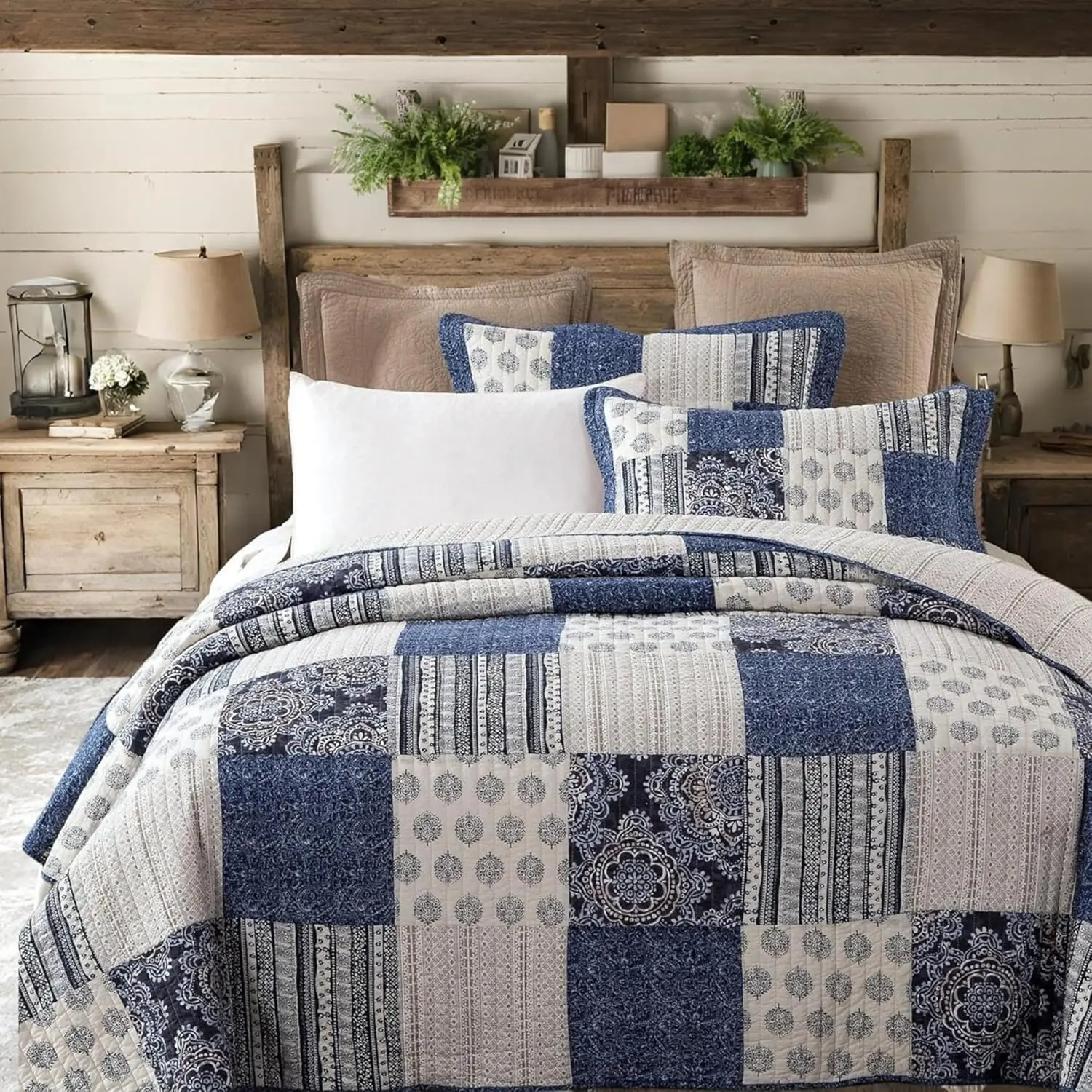 

Dada Bedding Denim Blue Elegance Patchwork Floral Bedspread Set - 100% Cotton Boho Chic Lightweight Quilted Coverlet - Striped