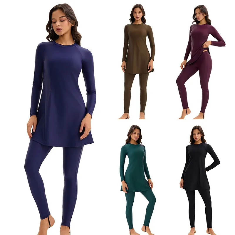 Women's Long Sleeve Multi-color Swim Dress High Waist A Line Islamic Swimsuit Navy Blue Olive Green Burgundy Modest Swimwear
