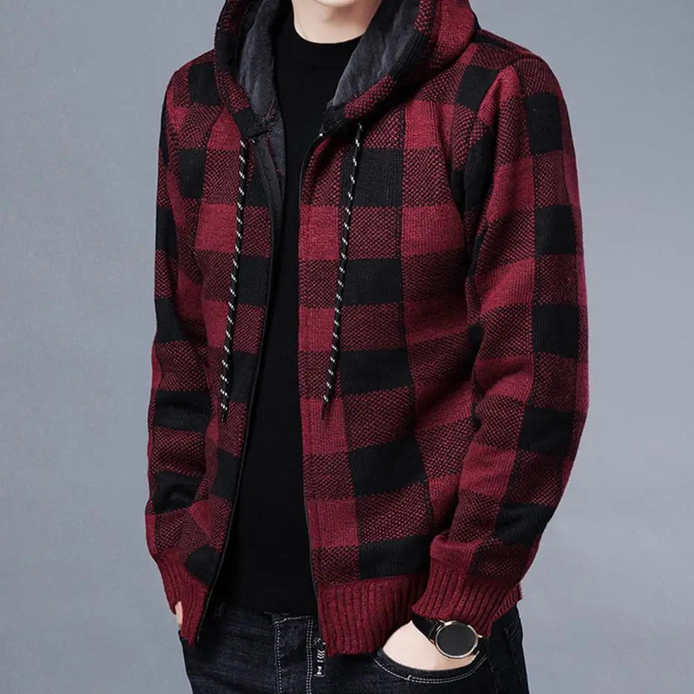 Slim Fit Plaid Jacket Stylish Men's Winter Cardigan With Plaid Print Hooded Drawstring Jacket Zipper Closure Thick For Weather