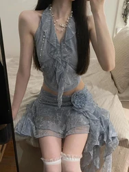 Summer Two Pieces Set Summer Halter Print Slim Sweet Ruffled Vest + Women Y2k Aesthetic Streetwear 3D Flower Grunge Mini Skirts