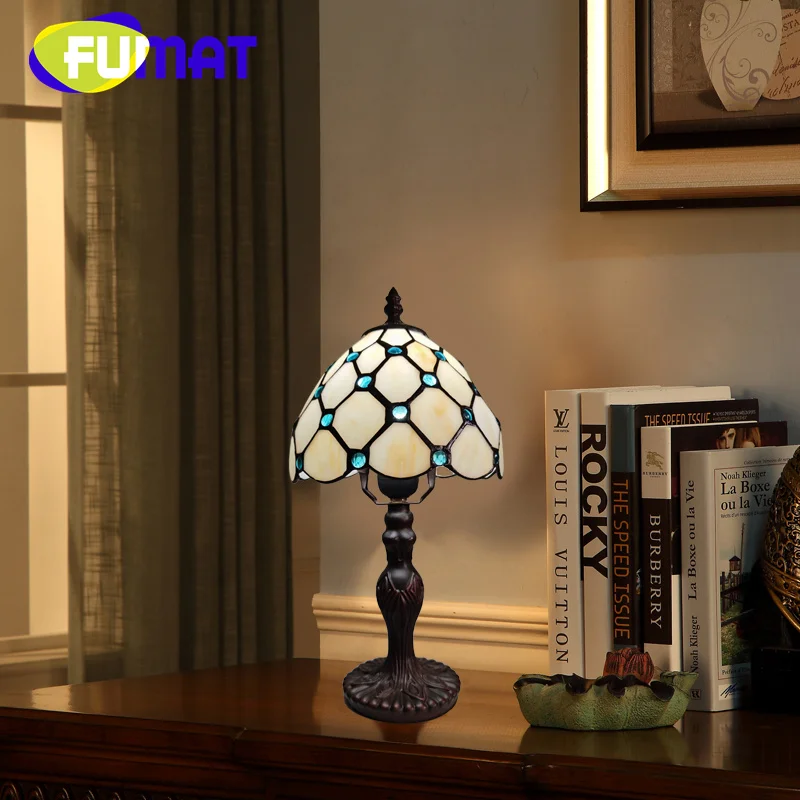 

FUMAT Tiffany style stained glass blue bead desk lamp for dining room study bedroom bedside table lamp Night lamp LED decor