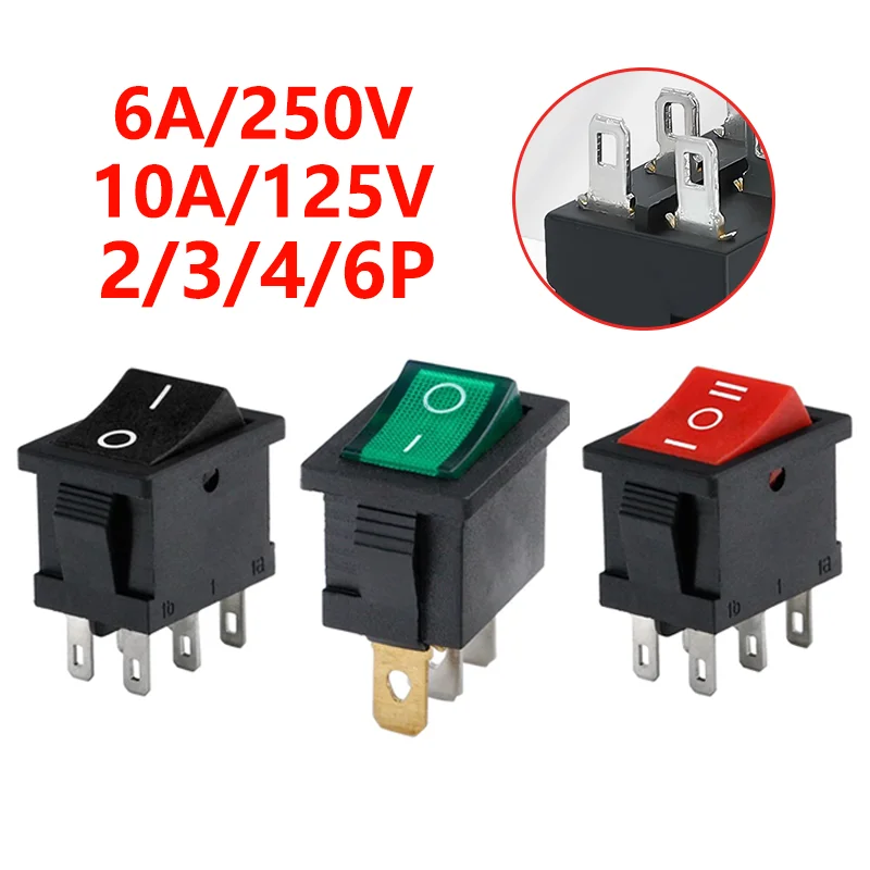 

100Pcs KCD1 21X15mm Car Rocker Switch Black 6A/250V 10A/125V Red Green Power Button Boat Switch With Light 2Pin 3Pin 4Pin 6Pin