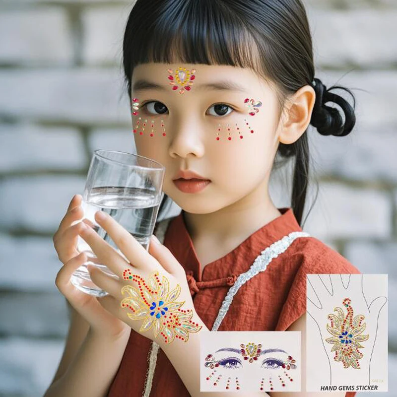 

Gilrs Colored Diamond Eyebrow Face Sticker+Hand Gem Decals DIY Children Festival Party Body Art Tattoo Art Adhesive Decorations