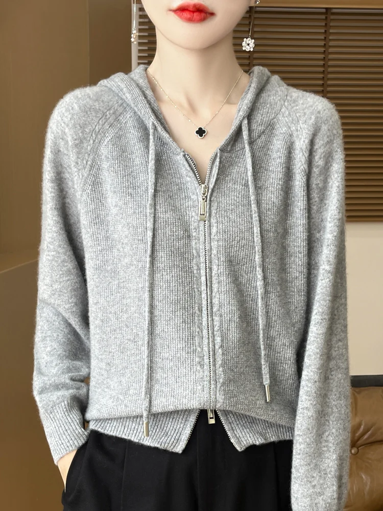 New Women\'s Zipper Hoodie Cardigan 100% Merino Wool Sweater Simple Casual Style Sweater Autumn Winter Korean Popular Clothing