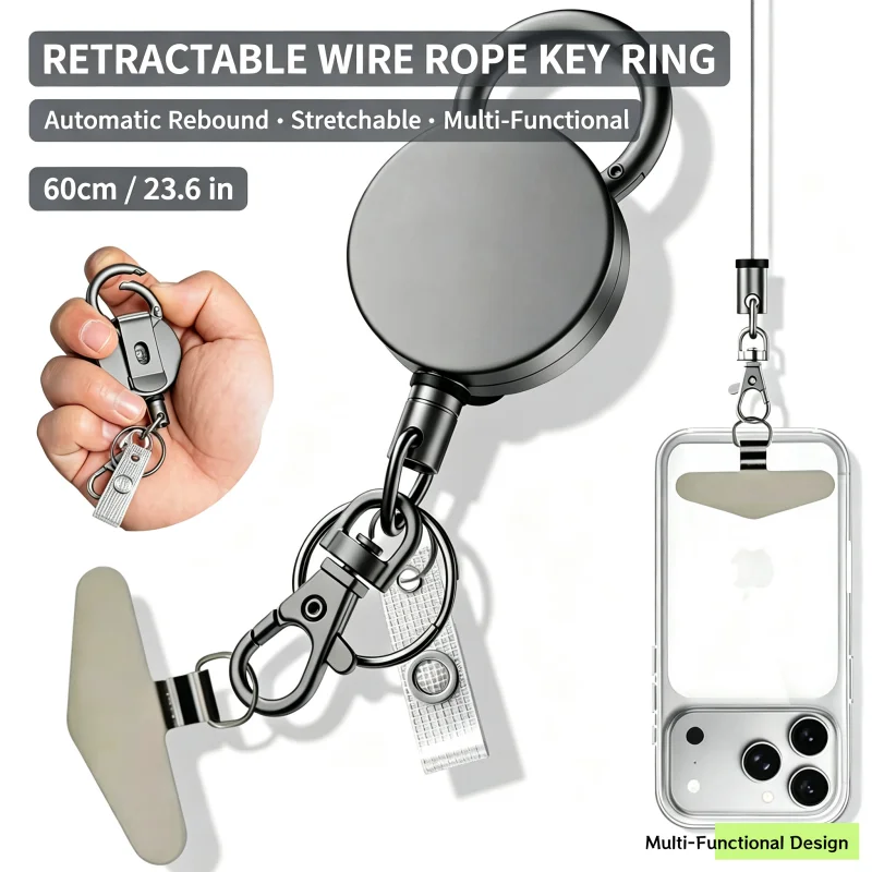 Black Electroplated Metal Easy Pull Retractable Keychain -  Multifunctional Roll Retractable Keychain for Men