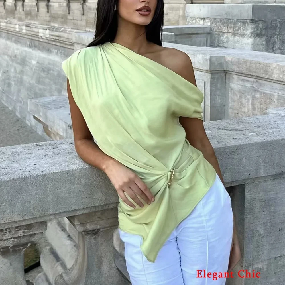 

KONDALA женский элегантный сексуальный асимметричный атласный топ на одно плечо плиссированный топ 2025 новый летний модный праздничный пляжный топ Mujer