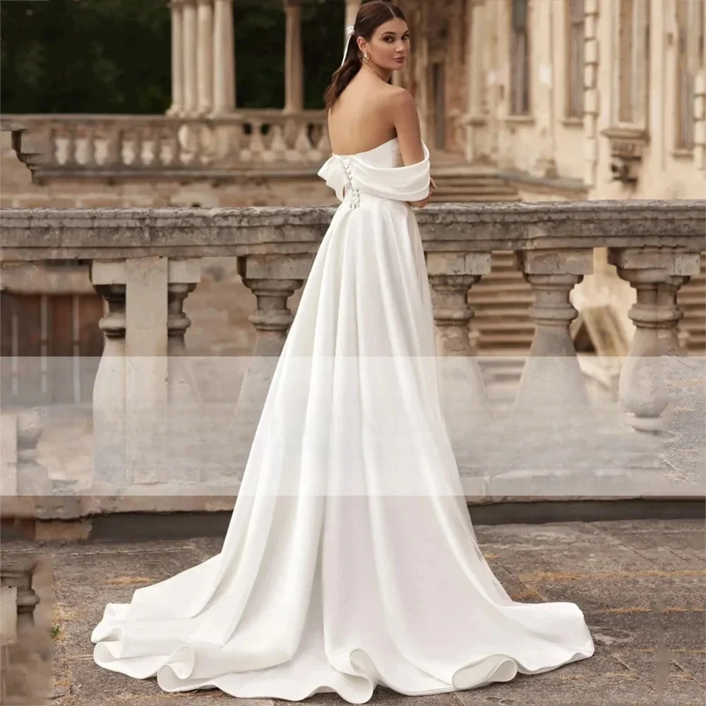 2024 Elegant Wedding Dresses Mermaid  Long Sleeve O-Neck Open Back Robe Mariee Civil Simple Button Satin Bridal Gown Sweep Train