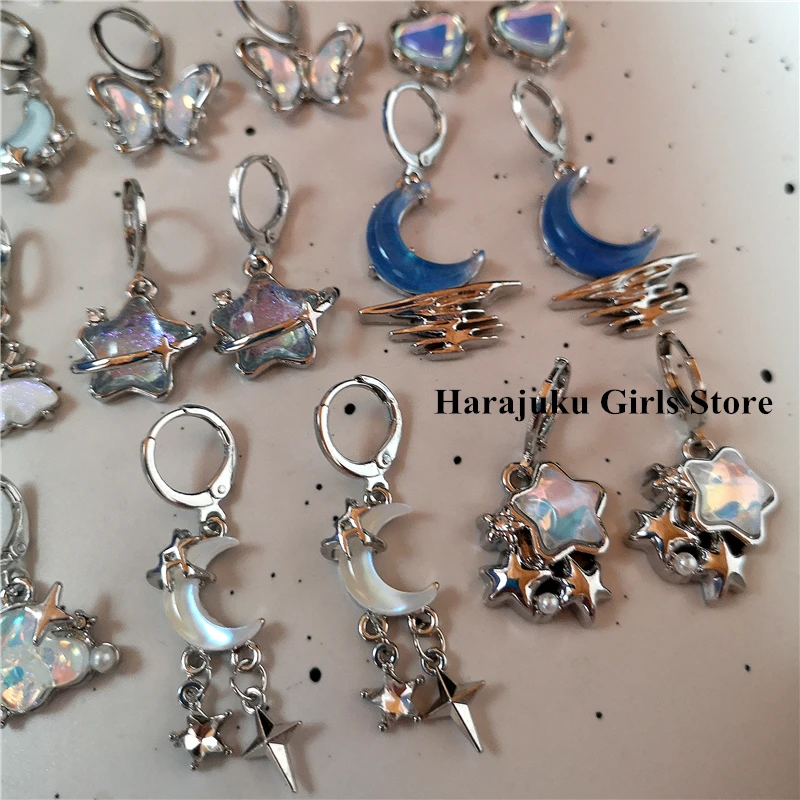 Gothic Moonlight Stone Star Butterfly Moon Pendant Earrings For Egirl Y2K EMO 2000s Cute Dream Fairy Vintage Jewelry Accessories