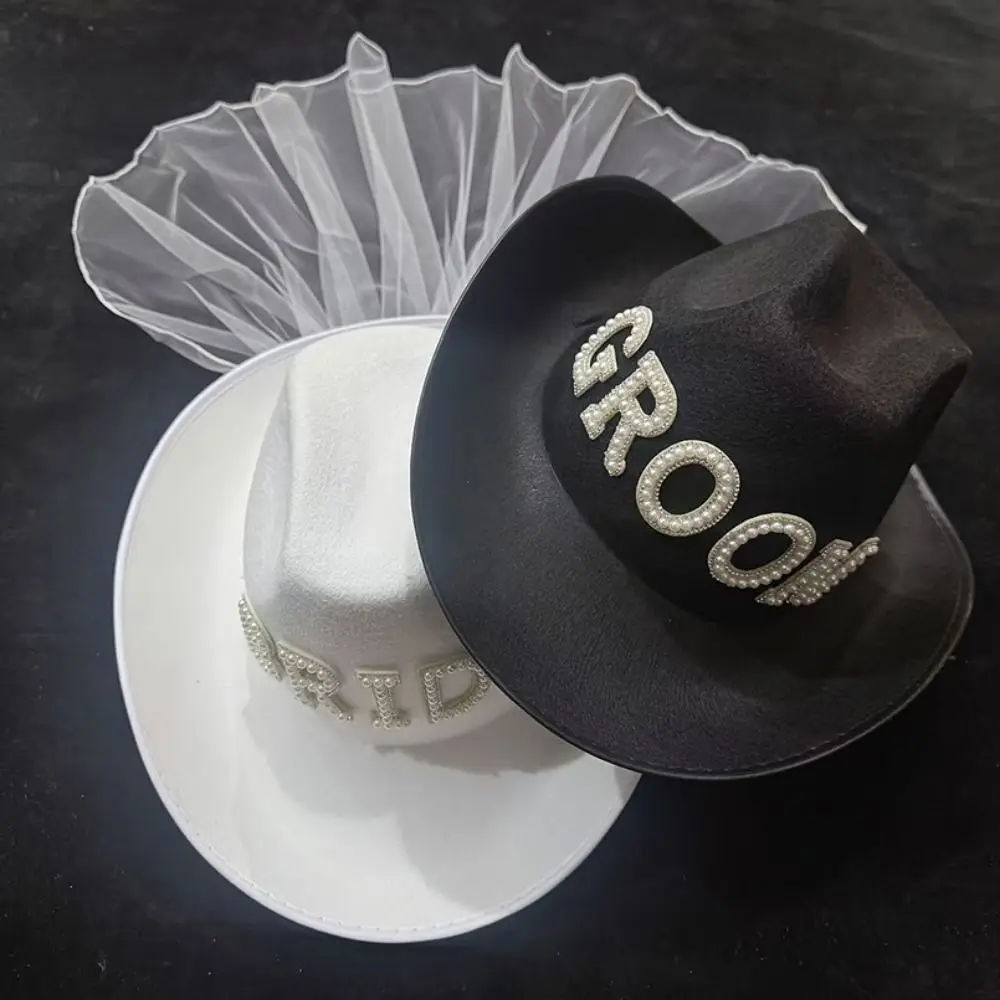 Non-woven Fabric Bride White Cowboy Veil Hat Romantic Wide Brim Bride Cowgirl Hat with Pearls Bridal Cowboy Hat Bridal Showers view 5