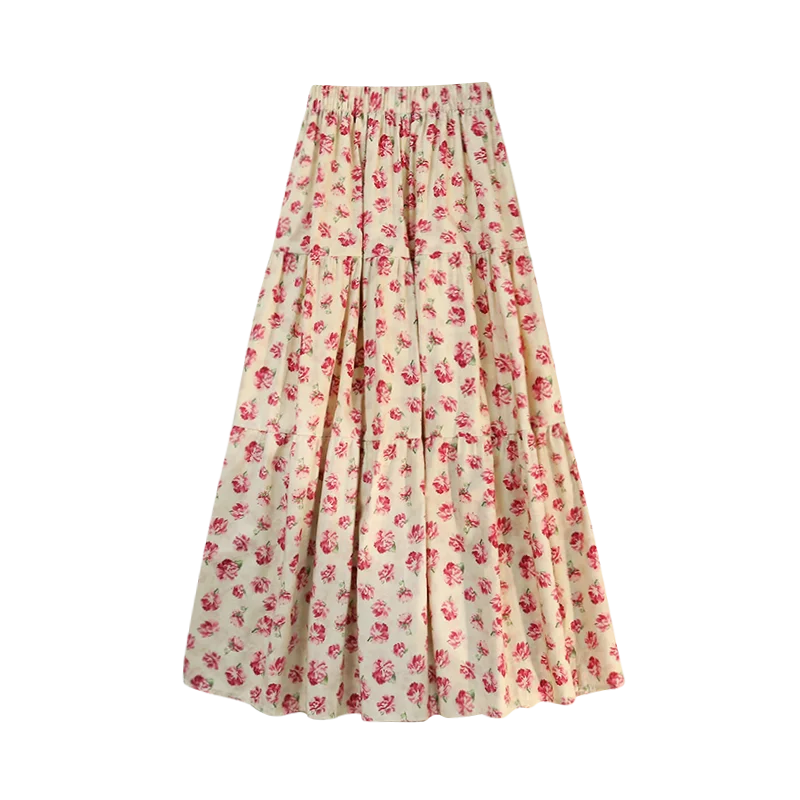 Seoulish Retro Floral Print Mid Pleated Skirts for Women 2024 Summer New High Waist Casual Patchwork A-line Umbrella Skirts